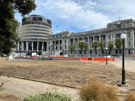 Parliament lawn brown and damaged after the protest occupation.