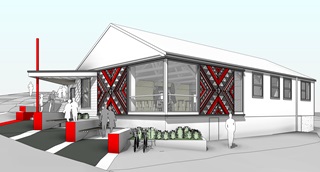 An artist render of a community centre with large red abstract designs on either side of large windows.