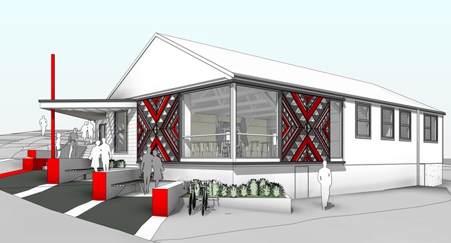 An artist render of a community centre with large red abstract designs on either side of large windows.