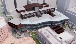 Central Library preliminary design render showing view from the air.