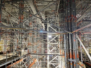 Interior shot of the Wellington Town Hall, showing scaffolding.