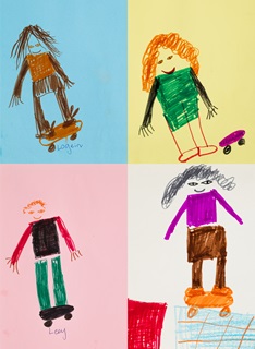 Drawings of four people on a skateboard.