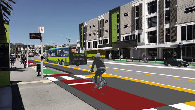 Artist impression of the shared bus and bike lane platforms in Newtown