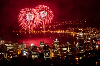Fireworks in Wellington City harbour.