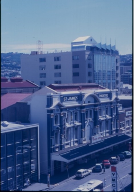 An aged photo of the outside of St James Theatre in the 1980s.