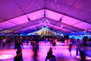 Inside of an ice skating rink.