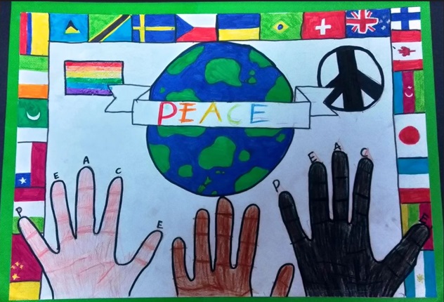 Artwork representing peace with hands across the world