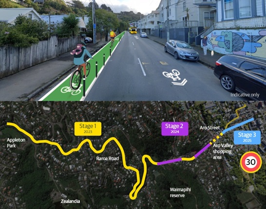 Artist impression and stages map for Aro Valley transport project consultation 