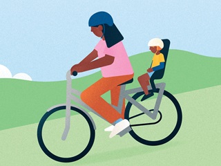 Animated image of a person on a bike with a child on the back.
