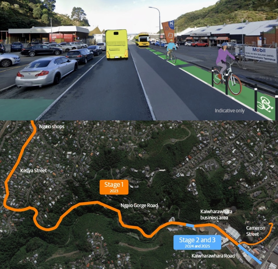 Artist impression and stages map for Ngaio Gorge transport project consultation 
