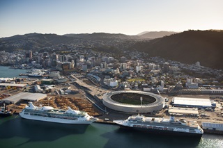 Stadium and cruise ships in Wellington harbour.