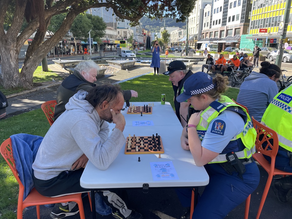 DCM hosts a Neighbours Chess Day in Te Aro Park with DCM taumai, Police and the community playing games.