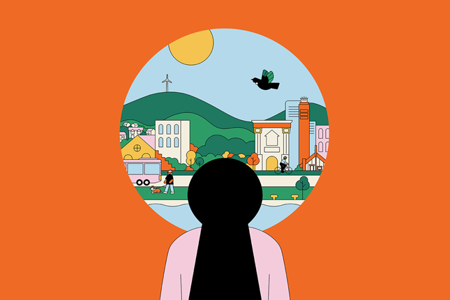 An illustration of a person looking at a colourful, vibrant city through a circular window. Orange surrounds the window and person, whose head and shoulders make the shape of a black keyhole.