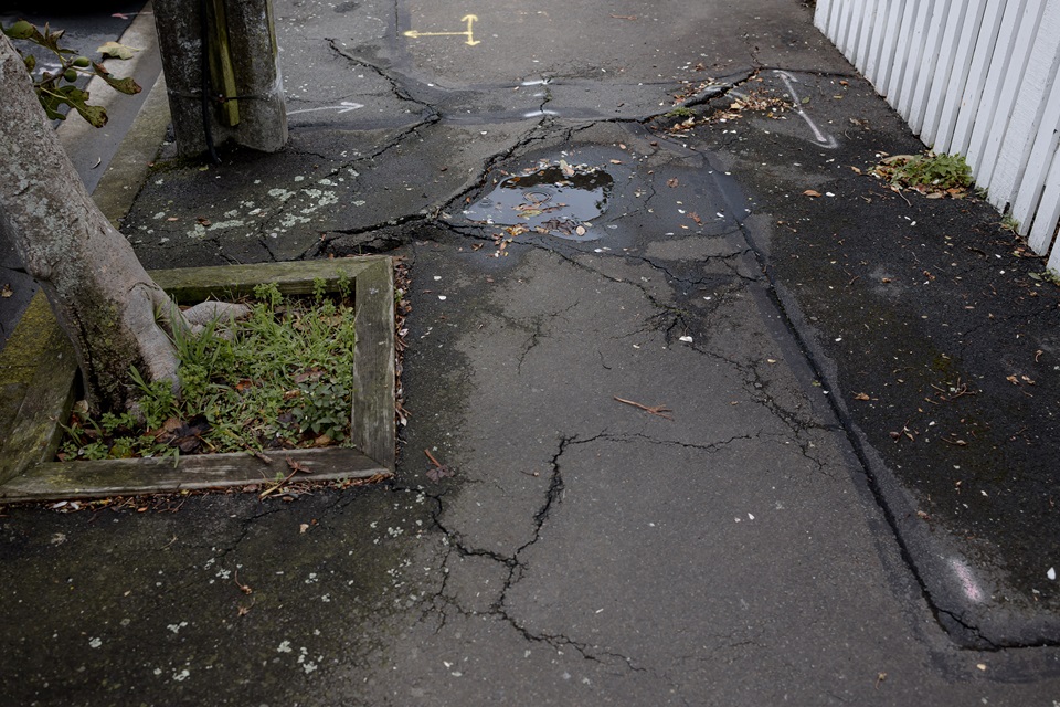 Cracked footpath and damaged tree planter on Elizabeth Street