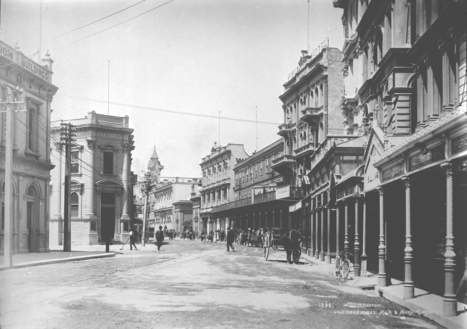 Lambton Quay looking south with Gray Street on left circa 1900