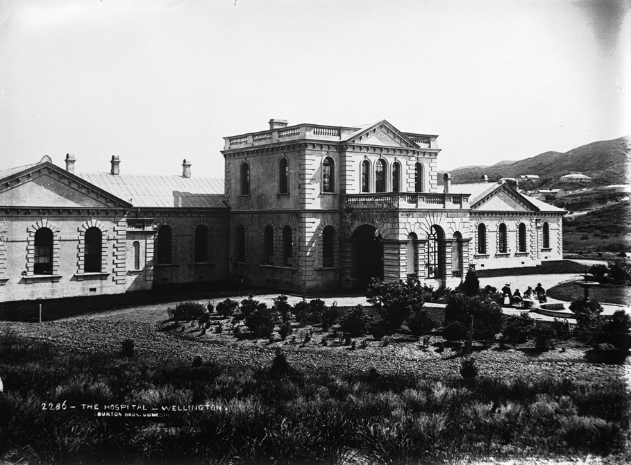 Entrance to Newtown Hospital in 1885 with gardens and fountain in foreground.
