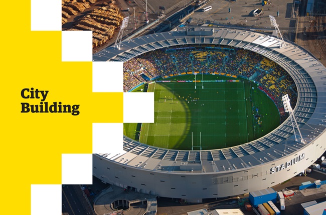 Birds eye view shot of the Wellington Regional Stadium  with writing that reads 'City building.'