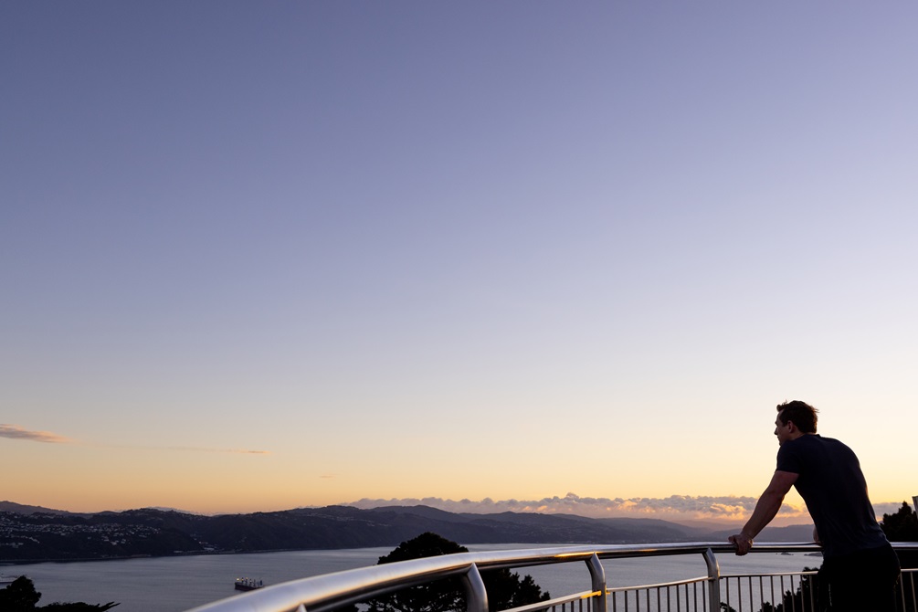 A silhouette of a person standing at a lookout over the harbour with hills in the background.