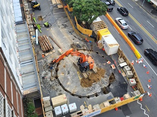 Birds eye view of the initial stages of works on a street.