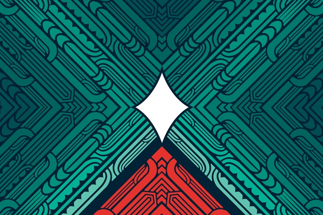 An illustration featuring Māori designs, which shows a white star a top a red hill and surrounded by a green sky.