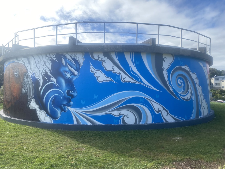 Mural “Journeying” on a water tank in Montgomery Avenue