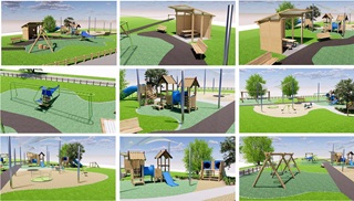 A grid of nine colourful rendered images depicting the features of a new play ground.