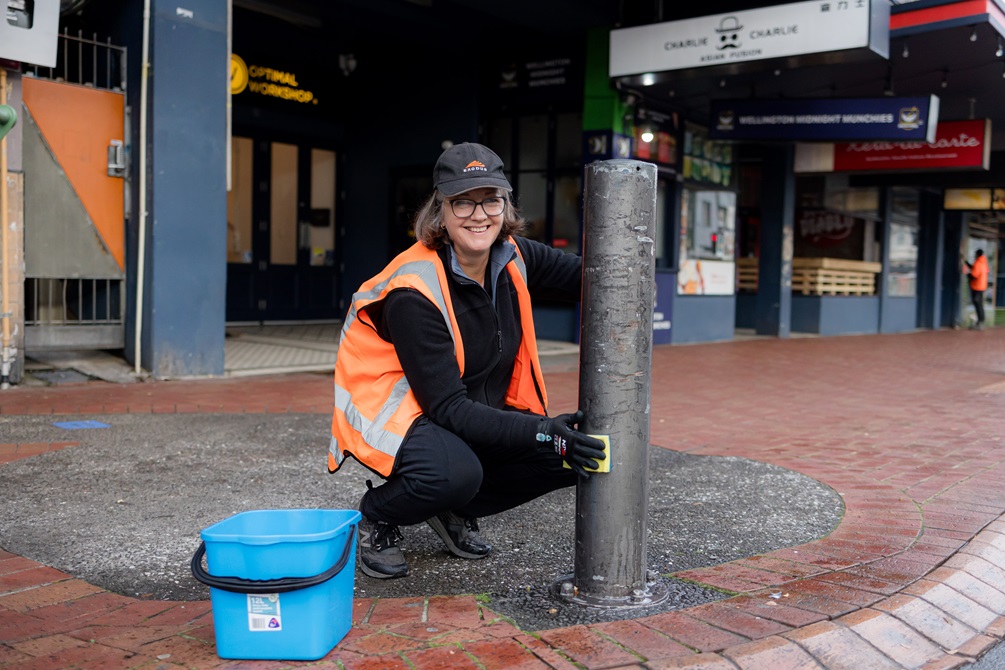 Person scrubbing down bollards with a blue bucket infront of them.