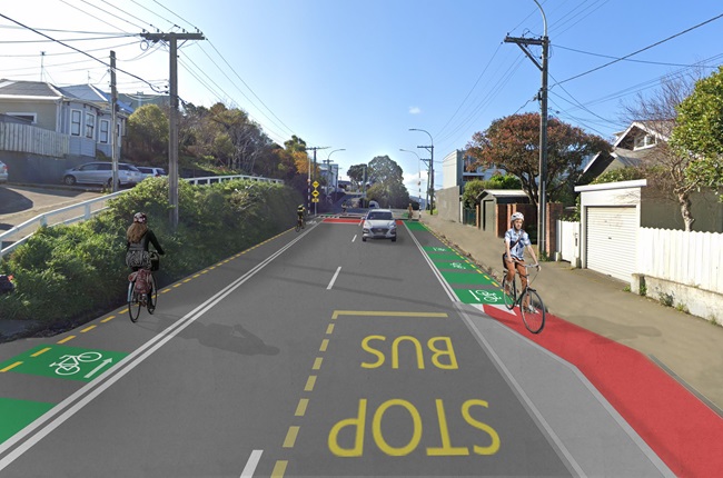 Artist impression of the new bike lane proposed for Owhiro Road.