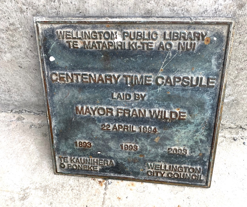 Time capsule plaque to mark site at front entrance of Central Library Te Matapihi.