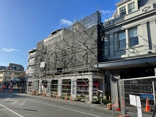 Scaffolding around the Toomath's Building to secure the site ahead of demolition.