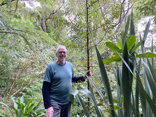 Man wearing a green tshirt standing in native bush.