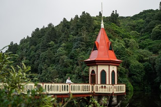 Red valve tower in the Zealandia valley.