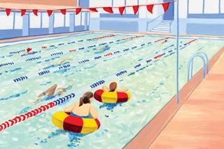A painting of a swimming pool with people swimming in lanes. Two people in the foreground are floating in yellow and red blow-up rings. Red bunting is handing over the pool.