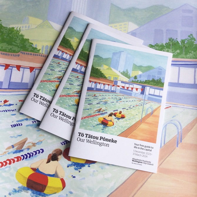 Three copies of the summer Our Wellington magazine on top of the original cover artwork, which is a painting of the outdoor Thorndon Pool.