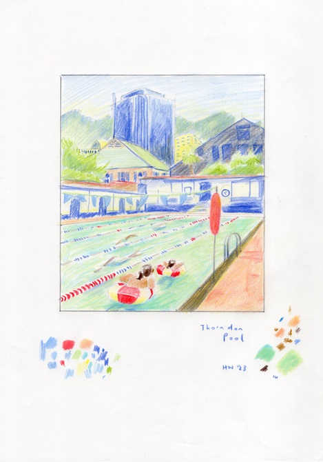 A colour pencil sketch of an outdoor summer pool surrounded by hills, trees and city buildings.