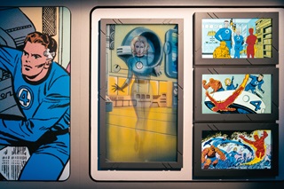 Close up of exhibition panels with the Fantastic 4 comic on it.