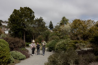 Three people walking down a path in a garden.