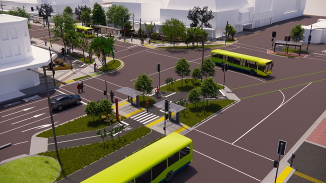 Render of the Golden Mile intersection along Cambridge and Kent Terrace.