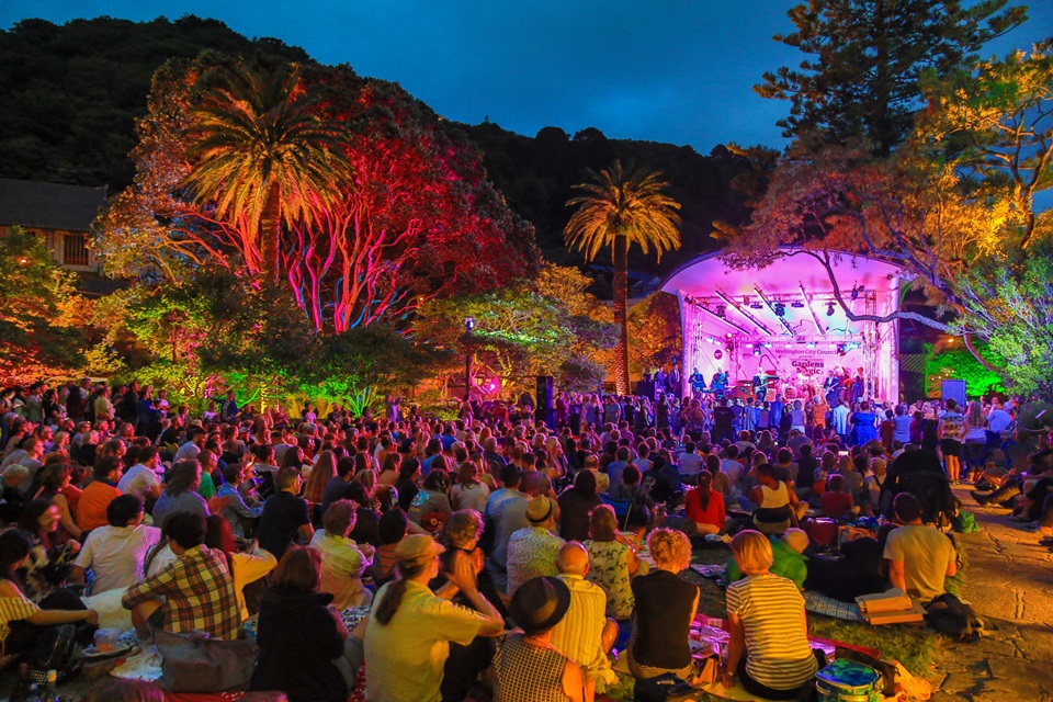 A big group of people attending an outdoor concert at Botanic Garden at night.