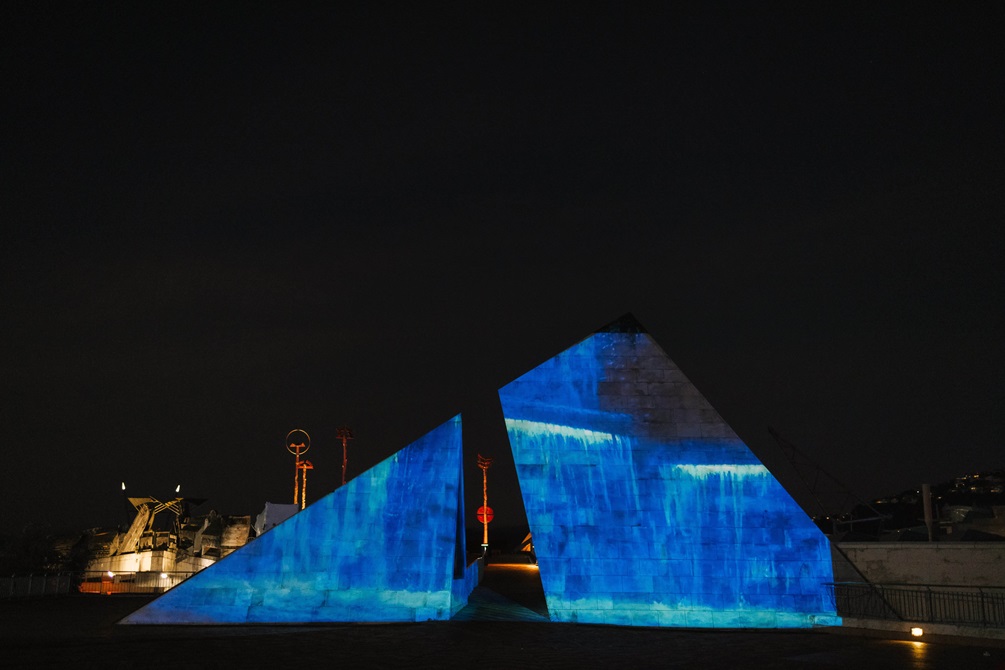 Te Arawhiti Rama, projection on The Pyramid, Civic Square, at nighttime.