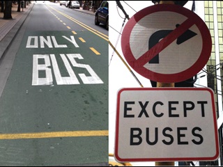 Lane markings and signs that indicate that only buses can use the lane.