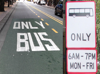 Lane markings and signs that indicate that only buses can use the lane between four and six pm between Monday and Friday.