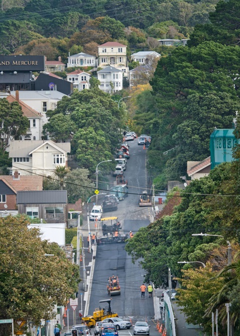Distant photo showing asphalt being laid on a Wellington street.