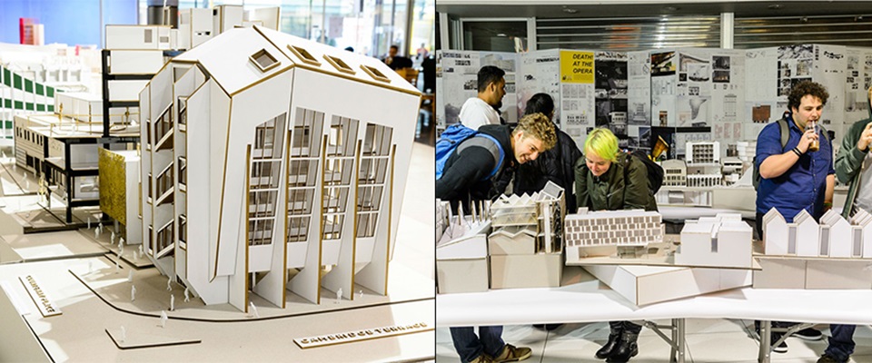 Examples of creative concepts for earthquake-safe architecture, and people viewing scale models of these examples.