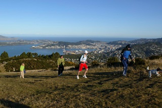 Family running up hill at Mount Kaukau, with city and sea in background.