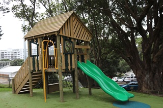 Play module with dual slide at Newtown Park play area.