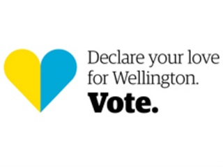 Elections 2016 logo with yellow and blue heart and the words 'Declare your love for Wellington. Vote'.
