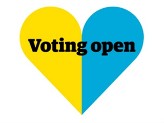 Elections 2016 logo with yellow and blue heart and the words 'Voting open'.