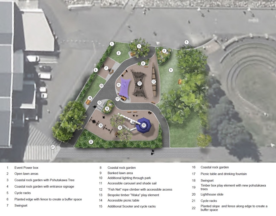 Frank Kitts Park playground artist design with key to elements