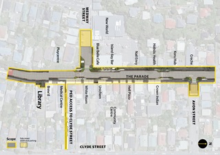 Map showing the scope of the Island Bay village upgrade, centered around Avon Street, Medway Street, Clyde Street, and the Library.